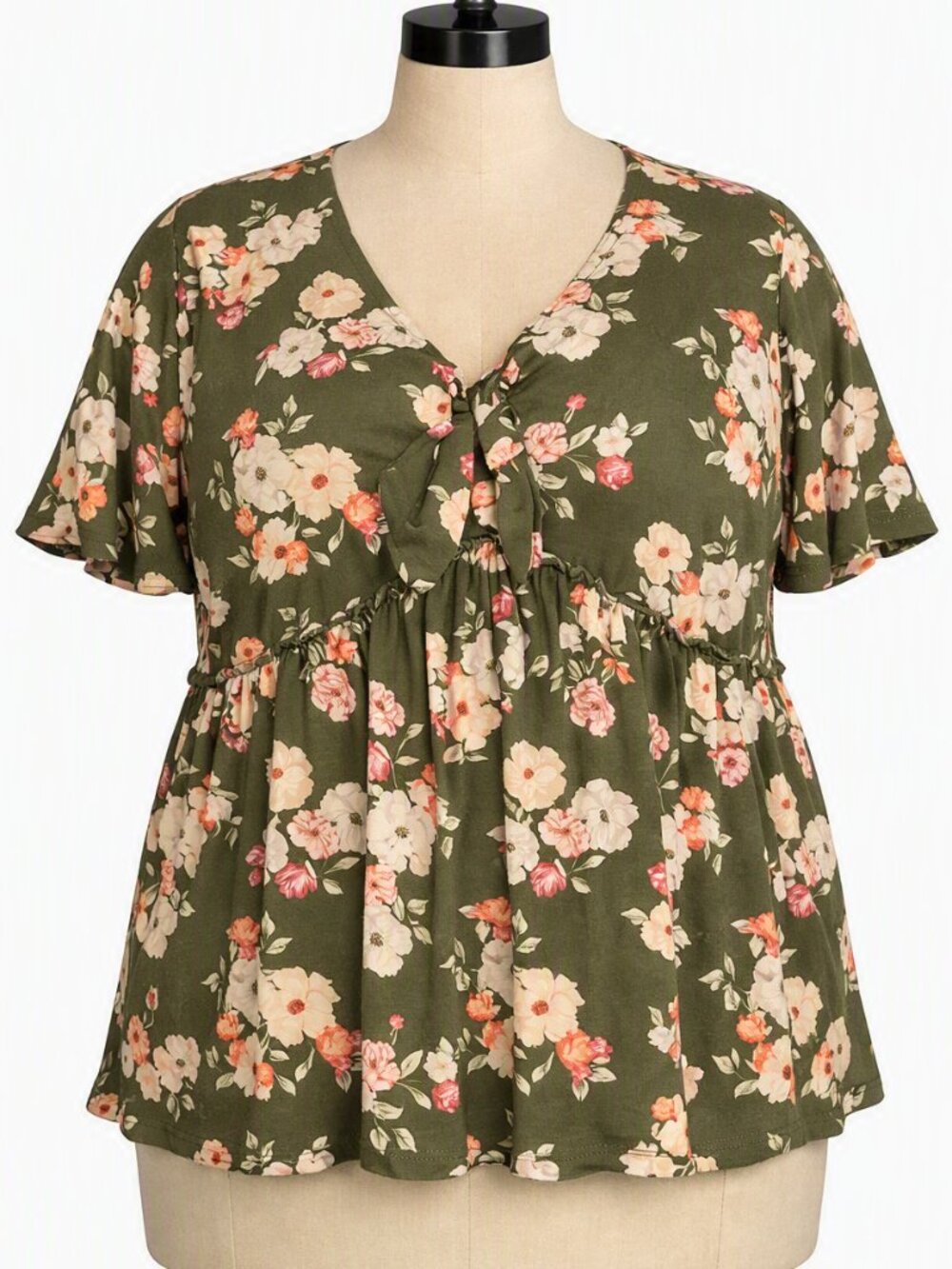 Torrid "Heritage" size 4 4X/28 Jersey Tie-Front Babydoll Top Green / floral.
